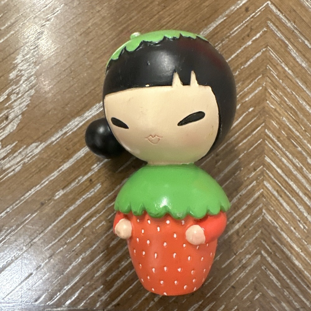 Momiji Strawberry Girl Hand Painted Resin Kokeshi Message Doll Figurine
